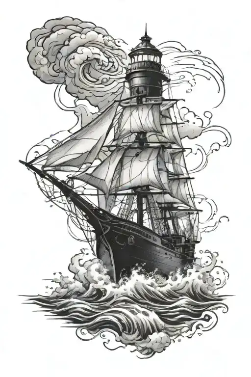 Ship In Storm And Lighthouse