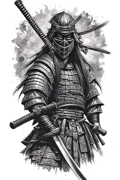 Samurai With Katana In Mask Black And White Tattoo Sketch Simple