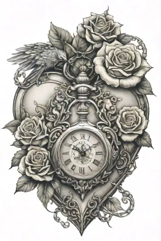 Heart Pocket Watch Surrounded In Diamonds And Roses With A Sleeping Baby Angel