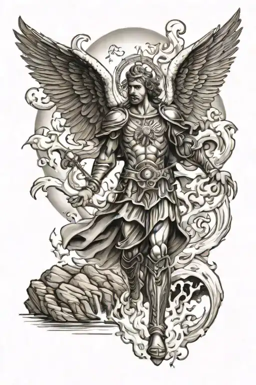 Saint Michael With Flames And Mountain Landscape In The Background