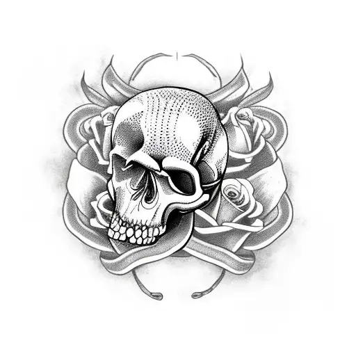 A Snake Coiled Around A Skull With Roses In The Background