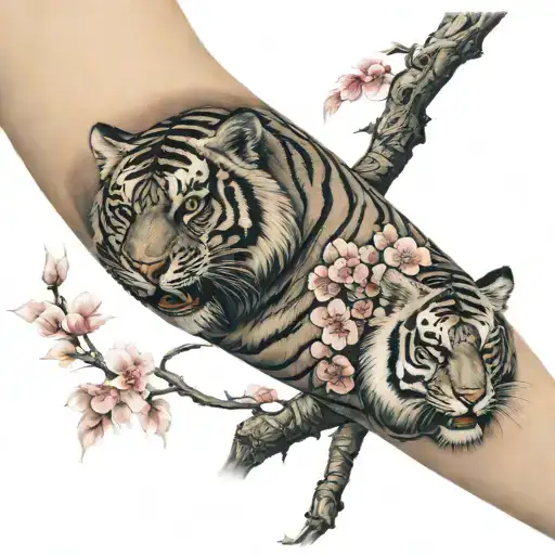 Japanese Cherry Blossom Tree Arm Sleeve With Tiger