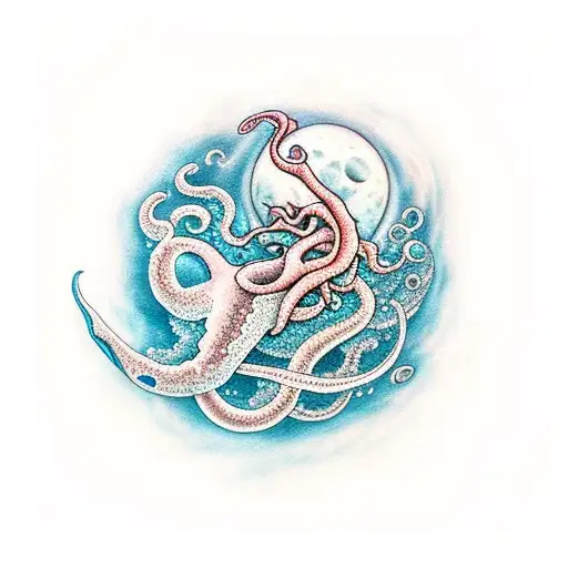 Dreamy Moonlit Ocean With A Giant Squid Emerging