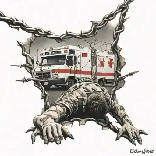 Person Crawling In Barbed Wire With Ambulance In Background