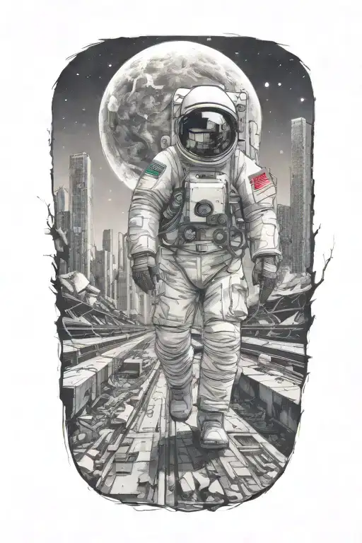 Astronaut Walking Down Road In Overgrown Metropolis Crumbling Skyscrapers Under Cosmic Sky