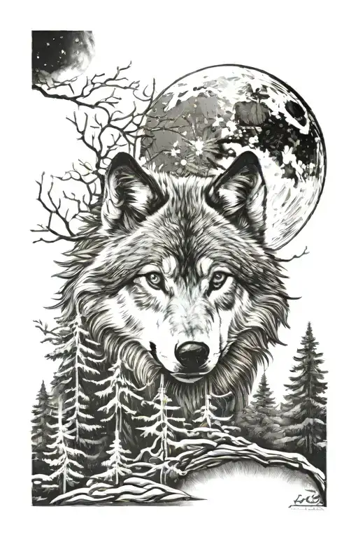 Wolf In The Forest With Full Moon