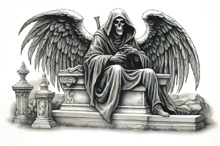 Grim Reaper Sitting On A Tombstone With Wings