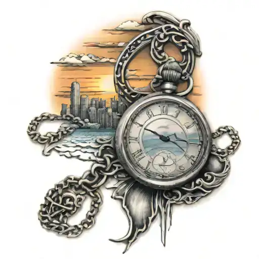 Pocket Watch With Sunset Skyline