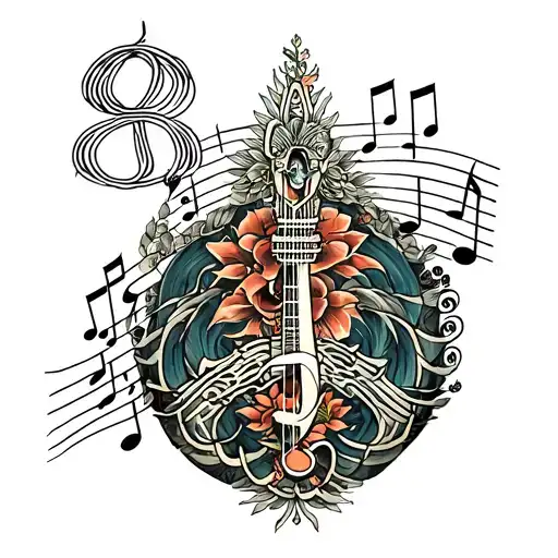 An Okinawa Inspired Tattoo With Music Notes Intertwined With Symbols Of Peace And Spirituality