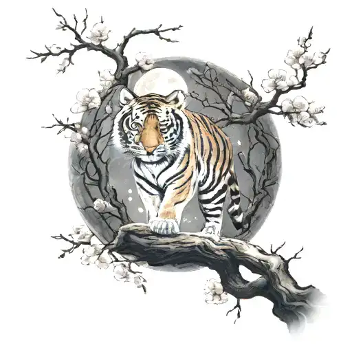 Tiger Walking Cherry Blossom Tree Branch Moon Surrounded