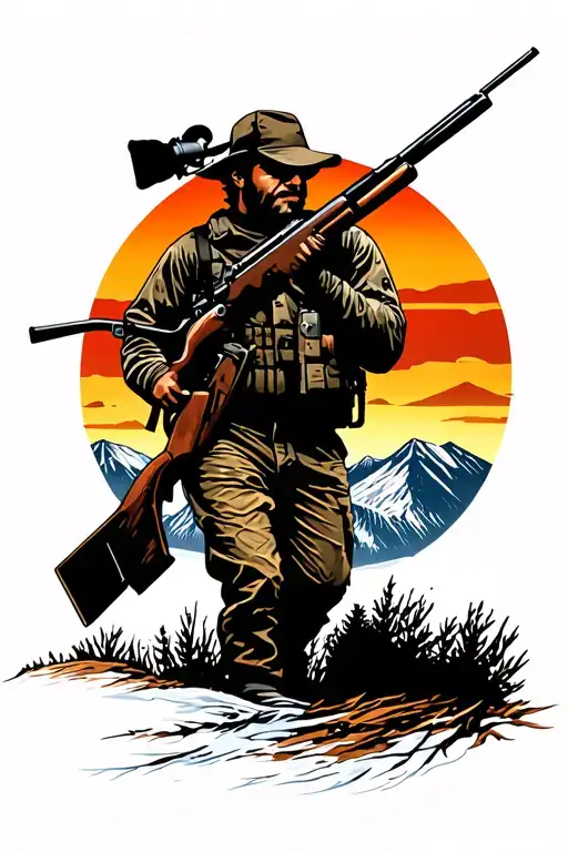 A Silhouette Of A Hunter With A Rifle Against A Mountain Backdrop At Sunset