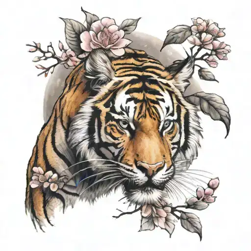 Tiger With Cherry Blosssom Tree And Moon Surrounded