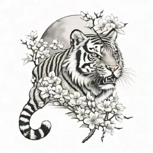 Tiger With Cherry Blosssom Tree And Moon Surrounded