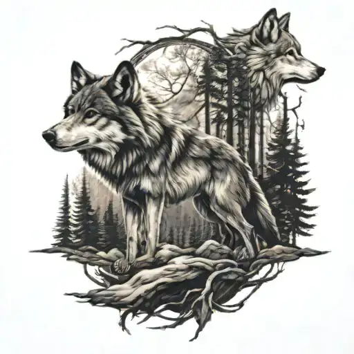 Wolf And Forest Scene
