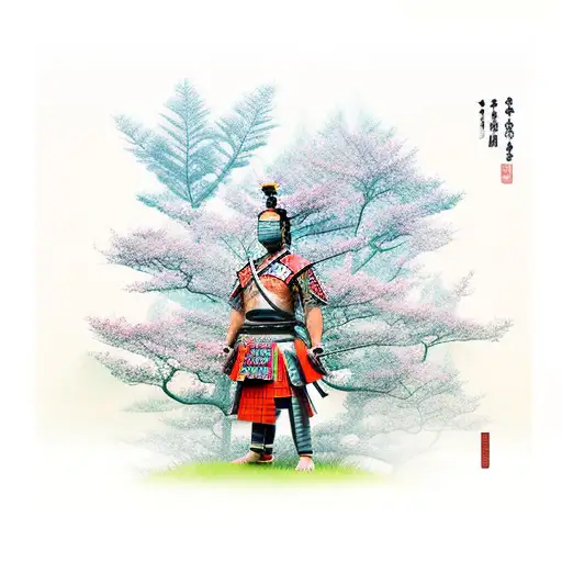 A Samurai Warrior Standing In Front Of A Majestic Temple Surrounded By Vibrant Momiji Trees