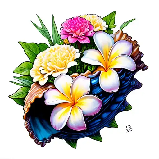 Conch Shell With Plumeria And Carnations Growing Inside