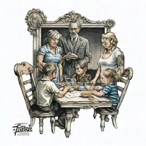 Father Mother Seven Kids Sitting At The Table