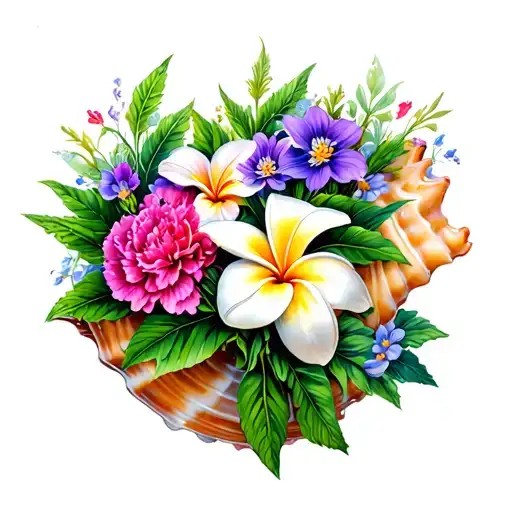 Conch Shell With Plumeria And Carnations And Cosmos Growing Inside