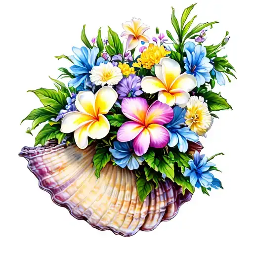 Large Conch Shell With Plumeria And Carnations And Cosmos Growing Inside