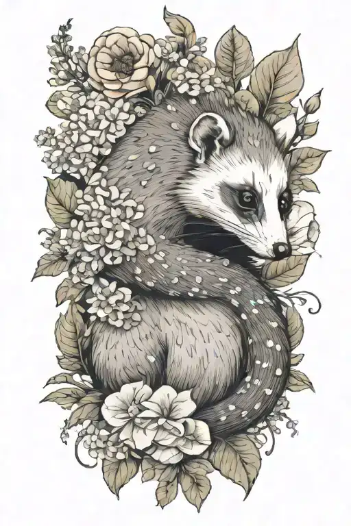 Virginia Opossum Holding Flowers In Tail Surrounded By Botanicals