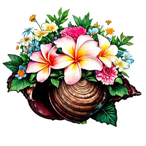 Large Twisted Conch Shell With Plumeria And Carnations And Cosmos Growing Inside