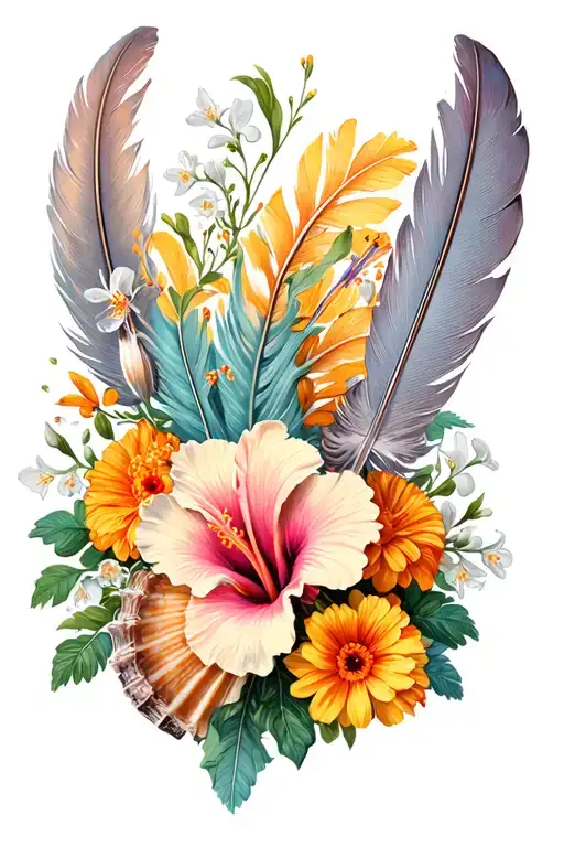 Hibiscus Snowdrop And Marigold And Long Feathers Conch Shell Bouquet