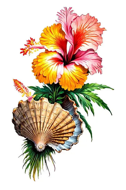 Hibiscus And Marigold With Long Feathers In A Conch Shell Bouquet