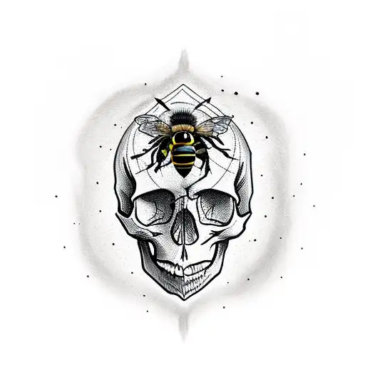 Skull In The Grass With A Honeycomb In The Eyes With A Bee Coming Out