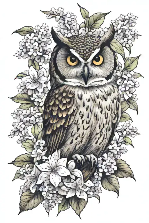 Owl And Lilac Flowers