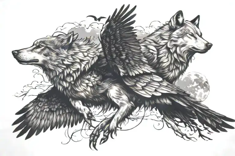 Wolf And Crow Flying