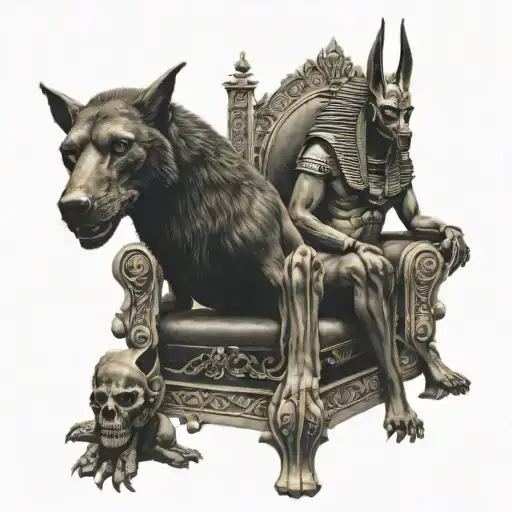 Egyptian God Anubis On Throne Made Of Skulls