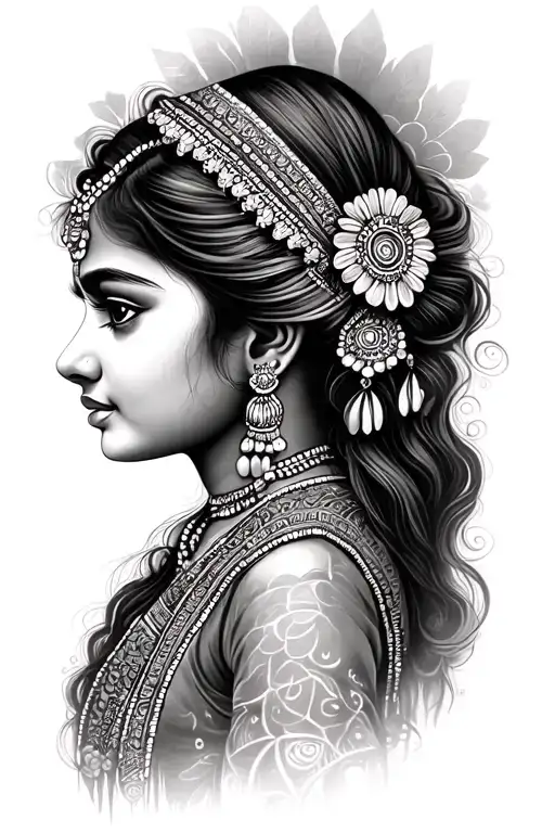 The Girl's Face In The Profile In The Indian Style Of Realism And Graphics