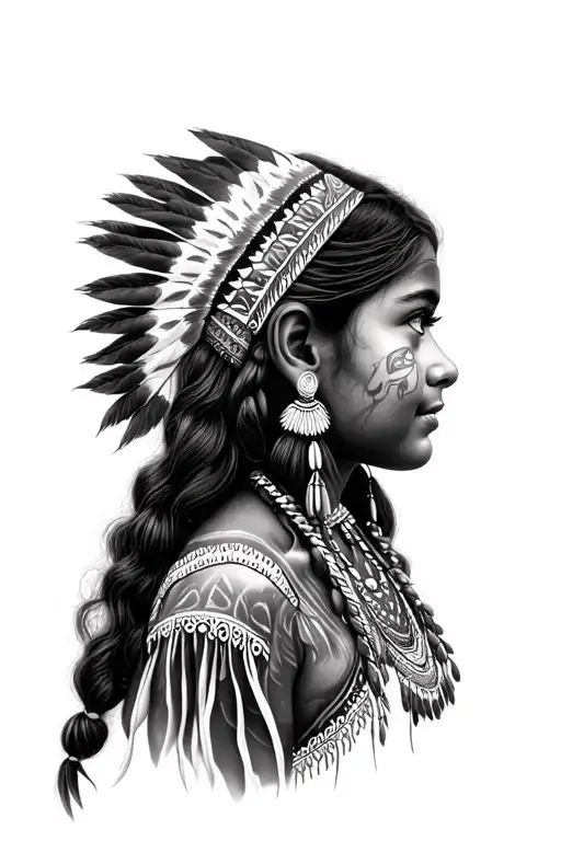 The Face Of An American Girl In A Profile In The Indian Style Of Realism And Graphics