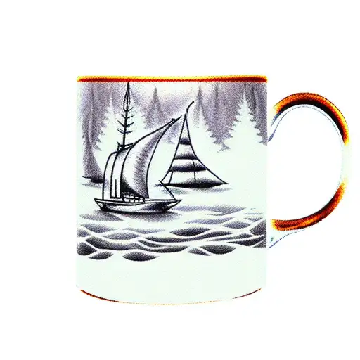 A Sail Boat Sailing On The Coffee In A Mug With A Spooky Forest In The Background