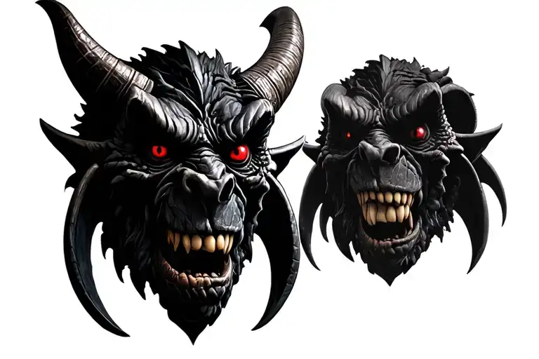 Black Gargoyle Head With Red Eyes And Big Horns Similar To The Stone Brewery Logo Facing Front
