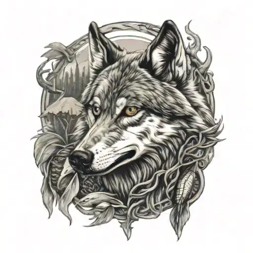 Wolf With Fish In Mouth And Deer Behind It