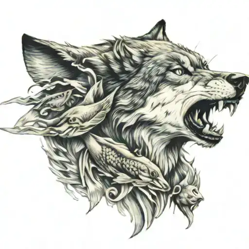 Wolf With Fish In Mouth And Deer Behind The Wolf