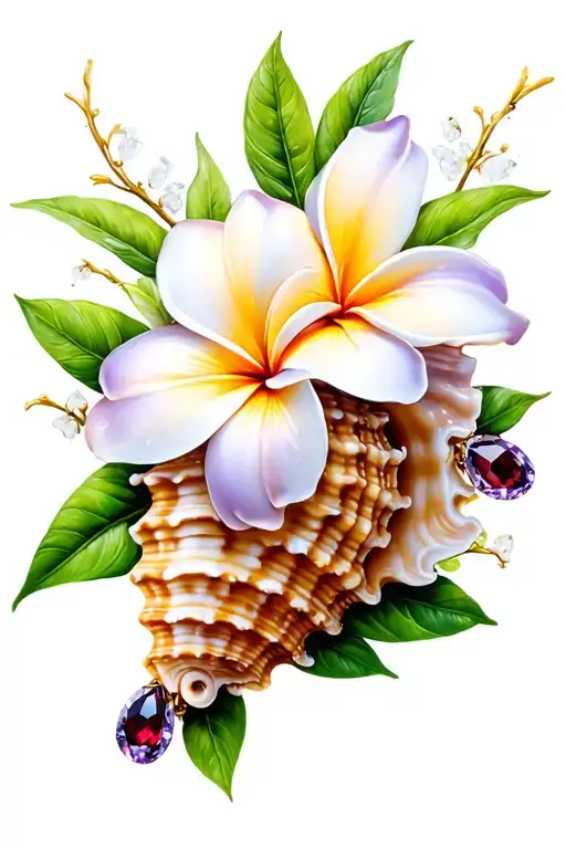 Conch Shell Of Plumeria And Garnet And Tanzanite Stones