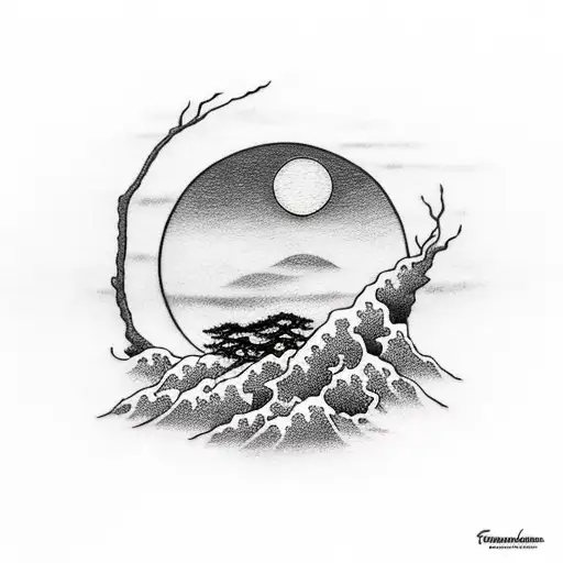 Bonsai Tree With Waves And The Moon