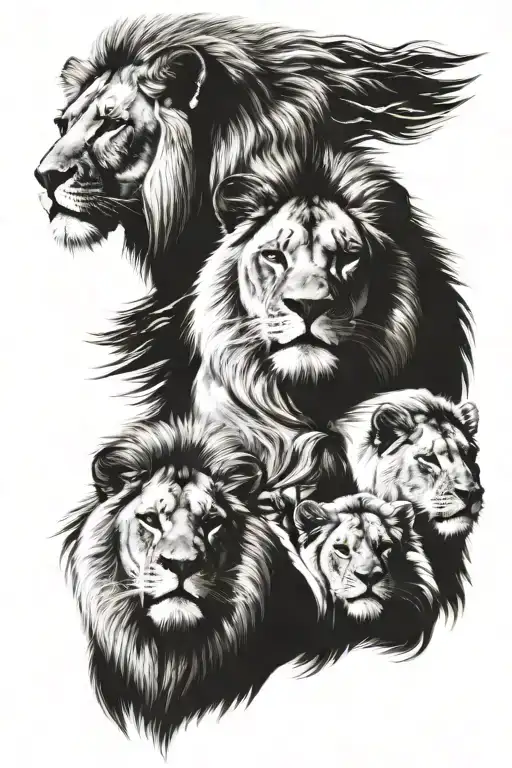 3 Lions 1 Adult 2 Baby Lions Face