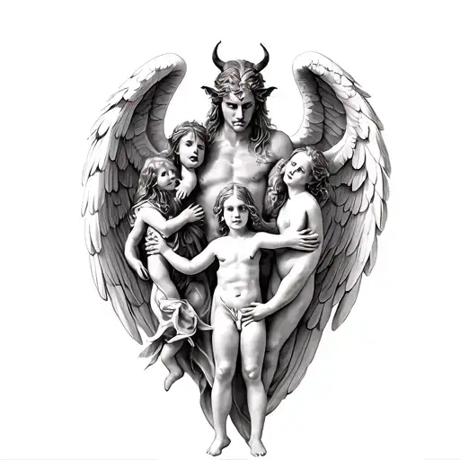 Left Hand Devil Right Hand Angel Back Angel And Devil And The Family With The Chest