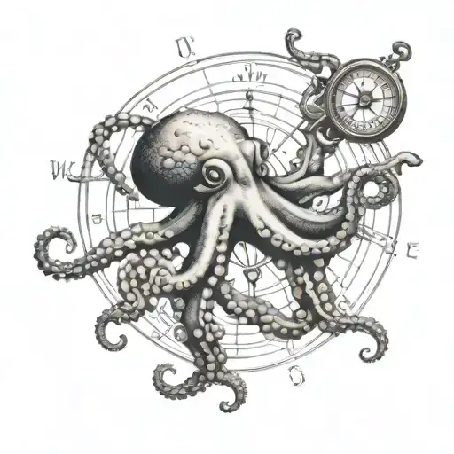 Whole Octopus And Old Compass Surrounded By Tentacles