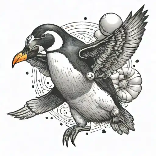 Penguin Flying With Open Wings With Baloon Around Its Belly