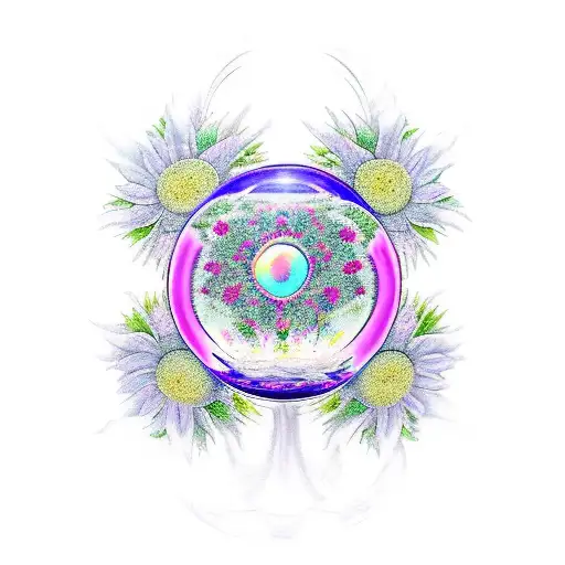 A Realistic Tattoo Of A Crystal Ball Surrounded By Blooming Flowers