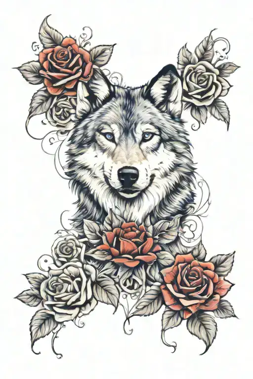 Wolf Blue Eyes Surrounded By Red Roses Blooming