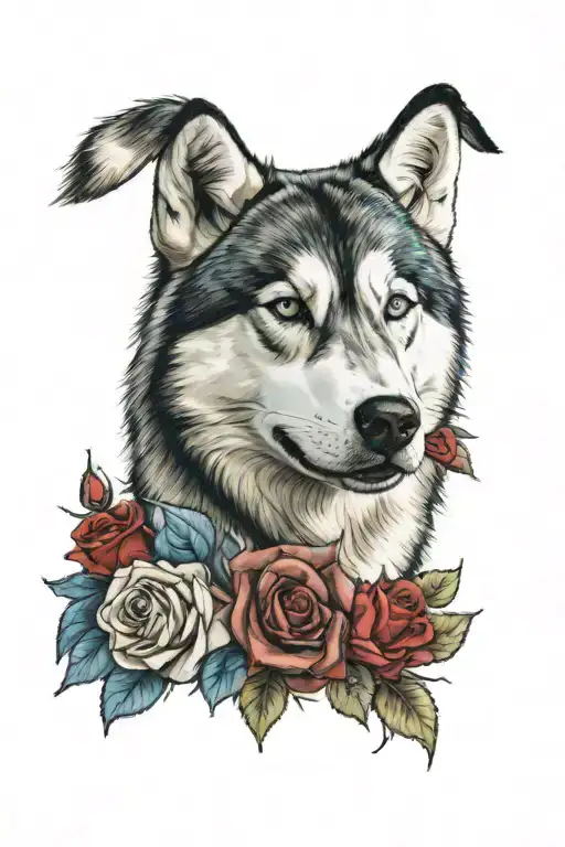Husky Siberian Face One Eye Blue One Eye Mixed Brown Sourounded By Red Roses