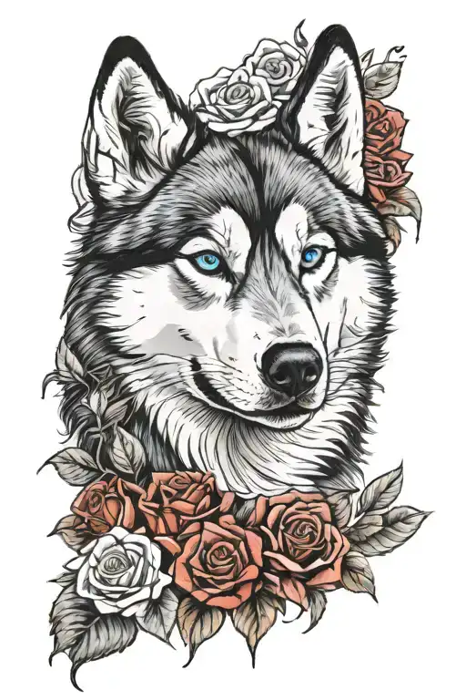 Husky Siberian Face One Eye Blue One Eye Mixed Brown Sourounded By Red Roses