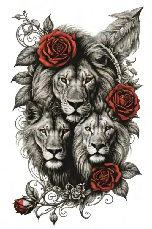 Lion And Wolf Faces Sourounded By Red Roses Blooming