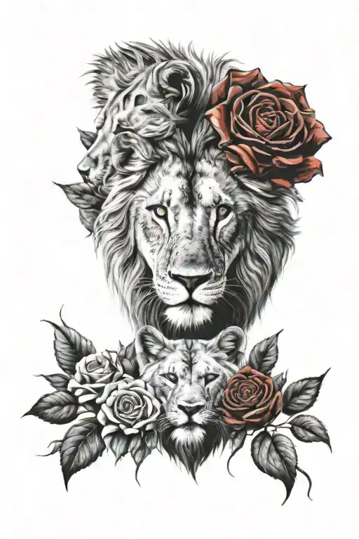 One Lion Face And One Wolf Face Surrounded By Red Roses Blooming