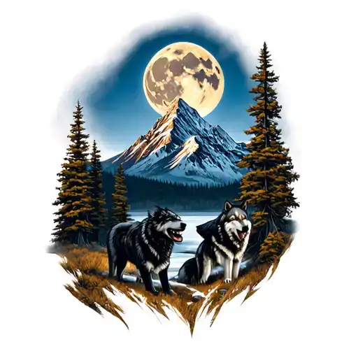 Mountain With Full Moon In The Background That Incorporates Blackfoot Native Totem Poles And Wolves